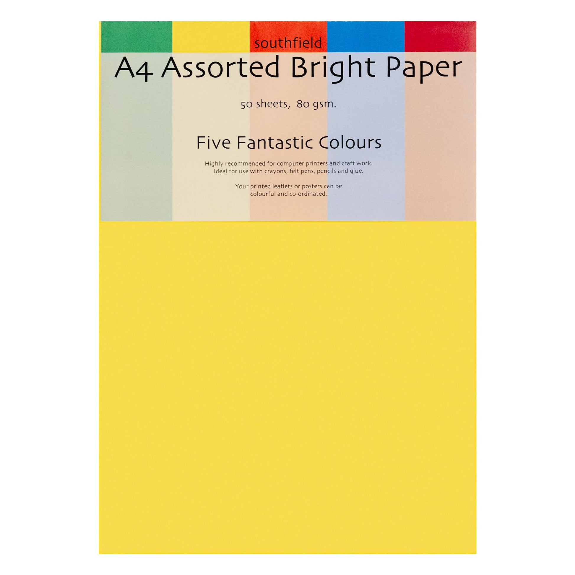 Pack of Southfield A4 assorted bright paper with five colors on a white background