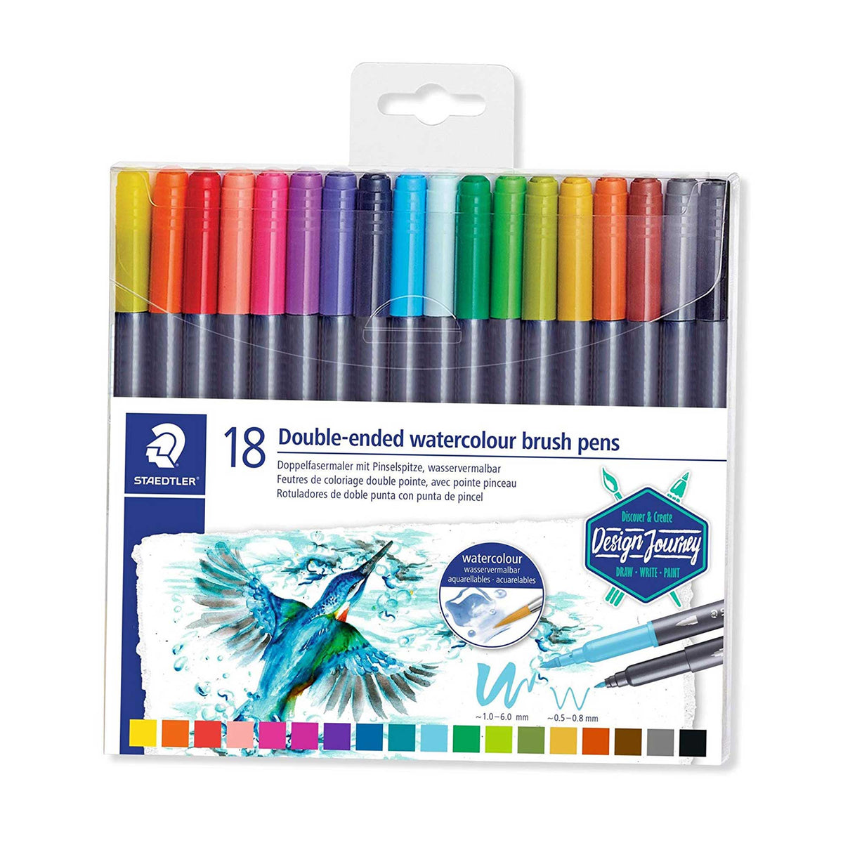 Wallet containing 18 double-ended watercolour brush pens in assorted colours