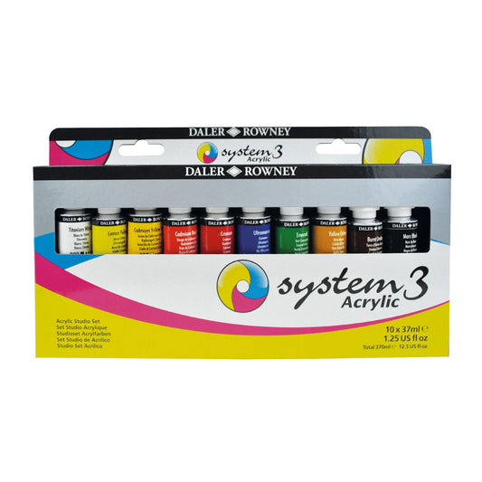 Daler-Rowney System3 Original Acrylic Studio Set - 10 x 37ml Tubes WITH FREE BRUSH