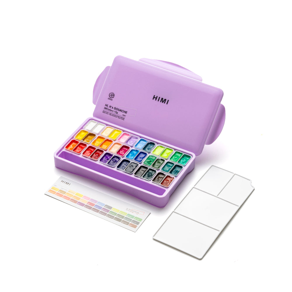 HIMI : Jelly Cup Gouache : 12ml Twin Cups : Set of 36 Colours  : Plastic Case : Purple