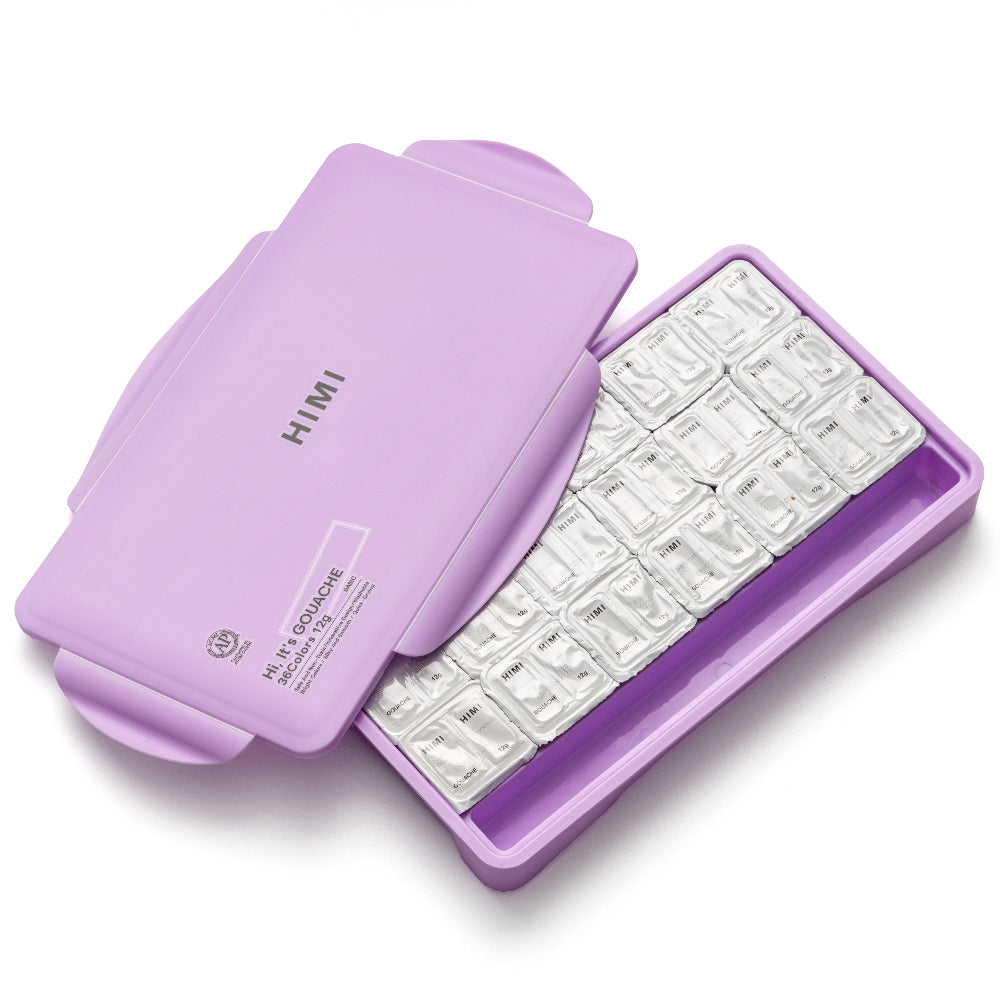 HIMI : Jelly Cup Gouache : 12ml Twin Cups : Set of 36 Colours  : Plastic Case : Purple