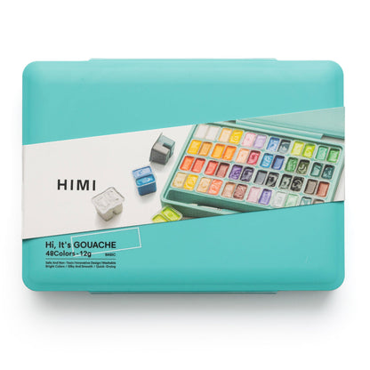 HIMI : Jelly Cup Gouache : 12ml Twin Cups : Set of 48 Colours : 3 Brushes Included : Plastic  Case : Green