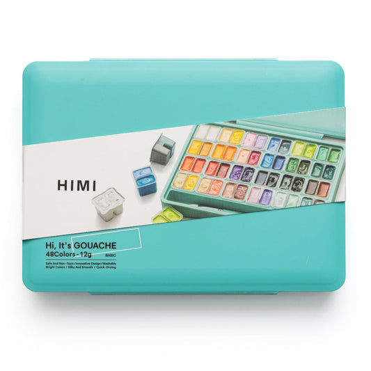 HIMI : Jelly Cup Gouache : 12ml Twin Cups : Set of 48 Colours : 3 Brushes Included : Plastic  Case : Green
