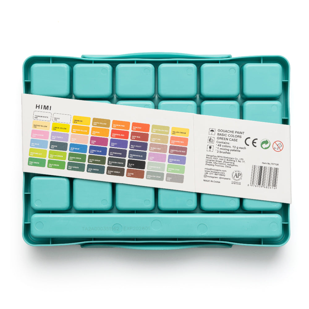 HIMI : Jelly Cup Gouache : 12ml Twin Cups : Set of 48 Colours : 3 Brushes Included : Plastic  Case : Green