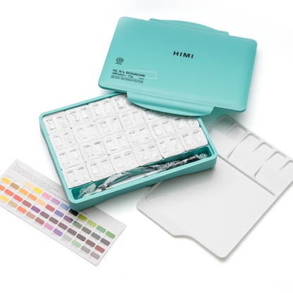 HIMI : Jelly Cup Gouache : 12ml Twin Cups : Set of 48 Colours : 3 Brushes Included : Plastic  Case : Green