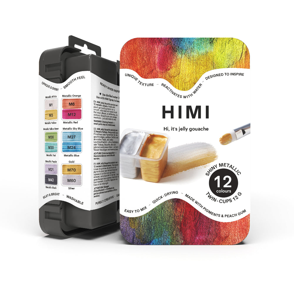 HIMI : Gouache : 12ml Twin Cups : Set of 12 : Shiny Metallic : Plastic Case : Black