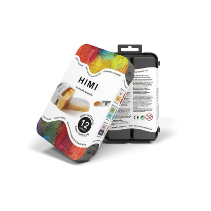 HIMI : Gouache : 12ml Twin Cups : Set of 12 : Shiny Metallic : Plastic Case : Black