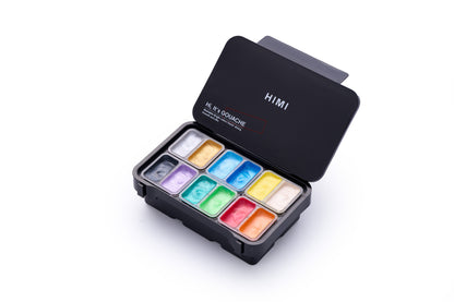 HIMI : Gouache : 12ml Twin Cups : Set of 12 : Shiny Metallic : Plastic Case : Black