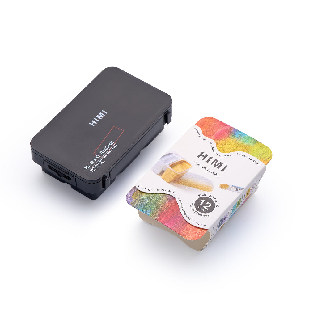 HIMI : Gouache : 12ml Twin Cups : Set of 12 : Shiny Metallic : Plastic Case : Black