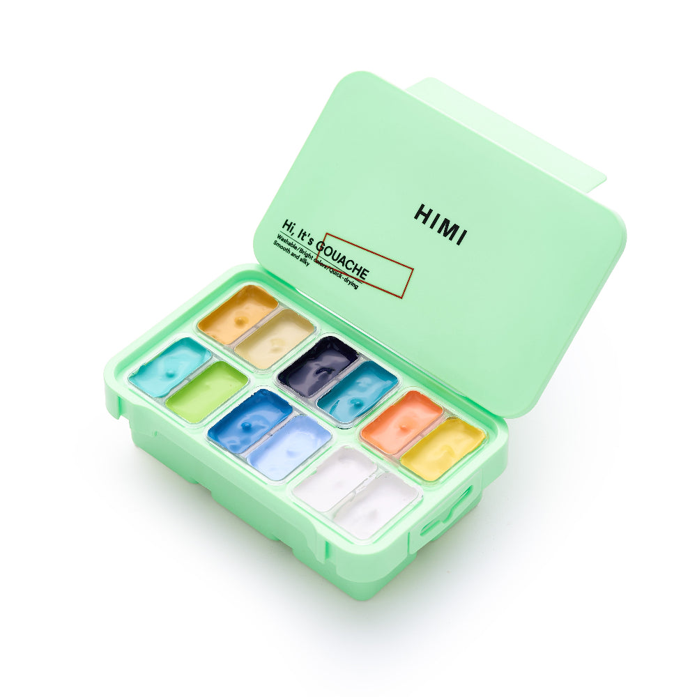 HIMI : Gouache : 12ml Twin Cups : Set of 12 : Sunny Seaside : Plastic Case : Green