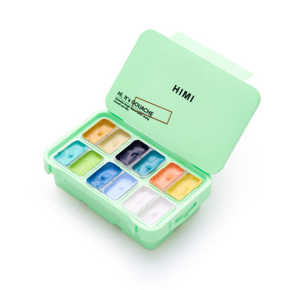 HIMI : Gouache : 12ml Twin Cups : Set of 12 : Sunny Seaside : Plastic Case : Green