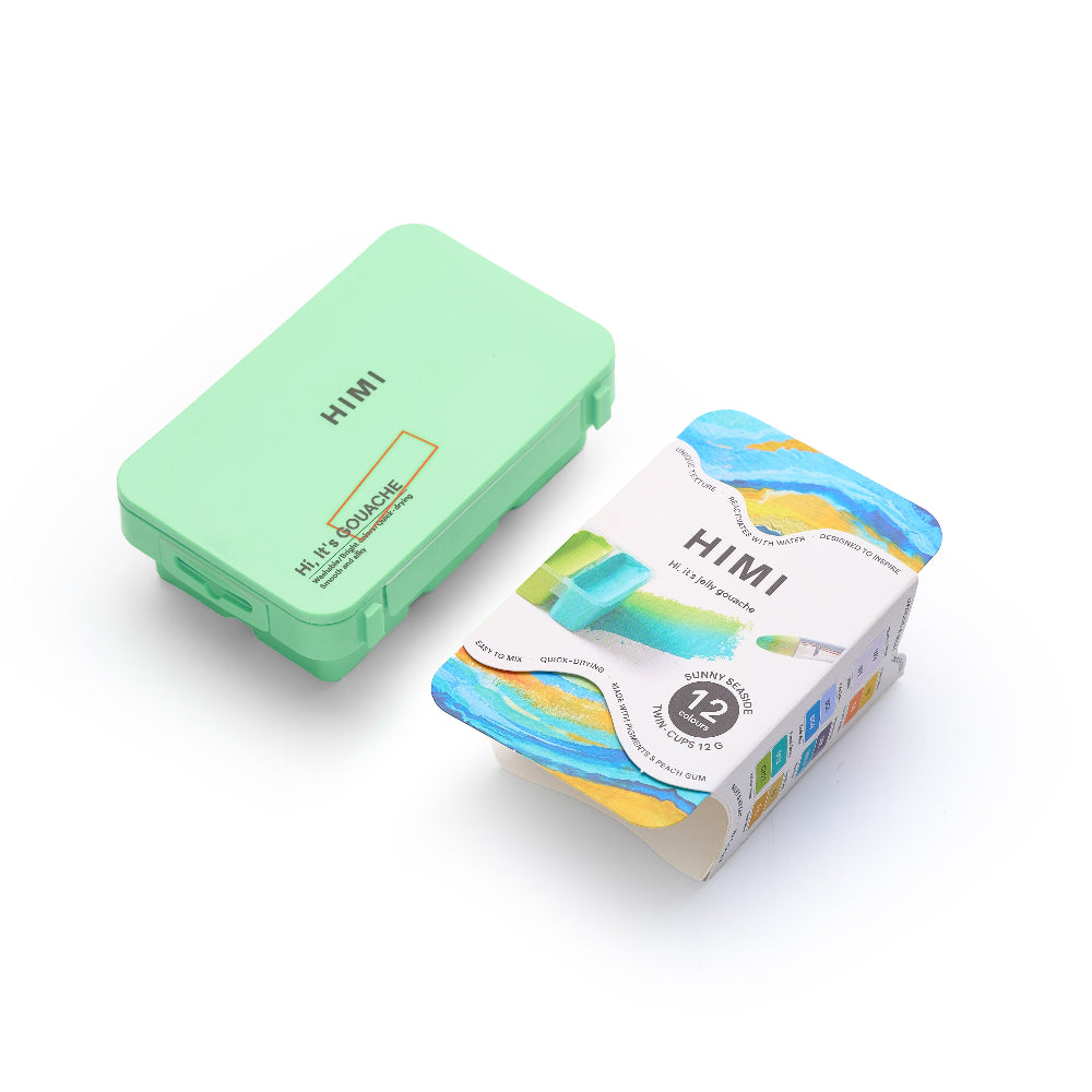 HIMI : Gouache : 12ml Twin Cups : Set of 12 : Sunny Seaside : Plastic Case : Green