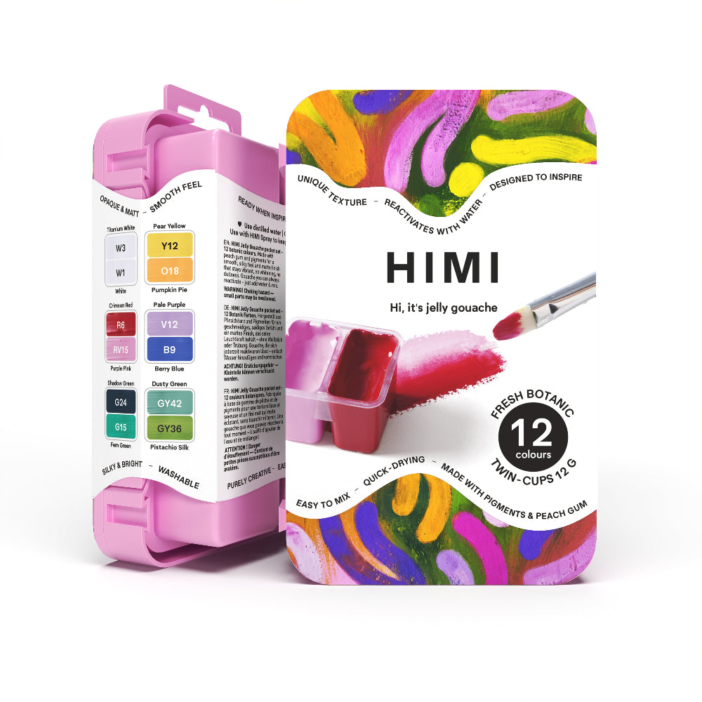 HIMI : Gouache : 12ml Twin Cups : Set of 12 : Fresh Bontanic : Plastic Case : Pink