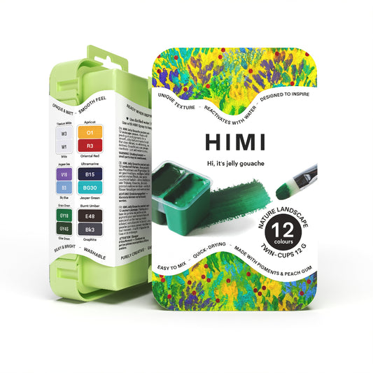 HIMI : Gouache : 12ml Twin Cups : Set of 12 : Nature Landscape : Plastic Case : Apple Green