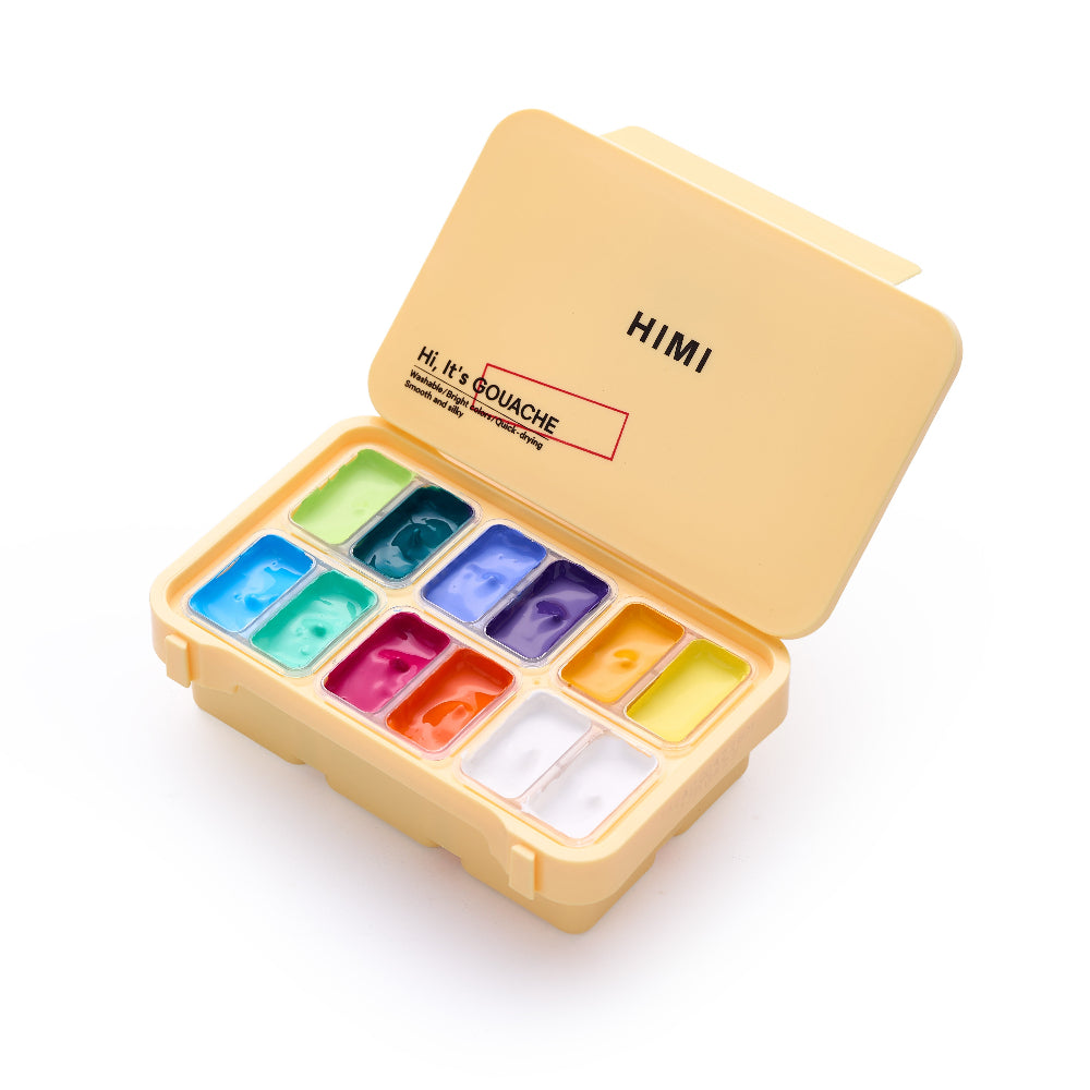 HIMI : Gouache : 12ml Twin Cups : Set of 12 : Super Vibrant : Plastic Case : Yellow