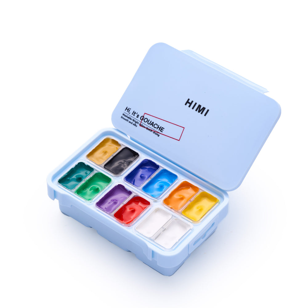 HIMI : Gouache : 12ml Twin Cups : Set of 12 : Basic : Plastic Case : Ice Blue