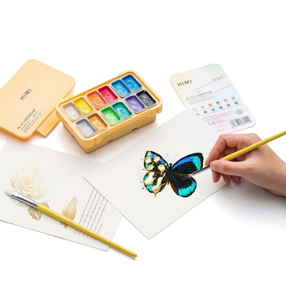 HIMI : Jelly Cup Gouache : 12ml Twin Cups : Set of 12 Colours : Metallic : Plastic Case : Yellow