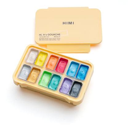 HIMI : Jelly Cup Gouache : 12ml Twin Cups : Set of 12 Colours : Metallic : Plastic Case : Yellow