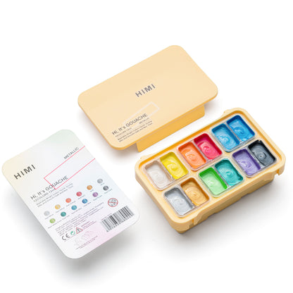 HIMI : Jelly Cup Gouache : 12ml Twin Cups : Set of 12 Colours : Metallic : Plastic Case : Yellow