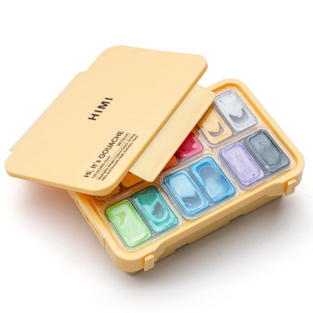 HIMI : Jelly Cup Gouache : 12ml Twin Cups : Set of 12 Colours : Metallic : Plastic Case : Yellow