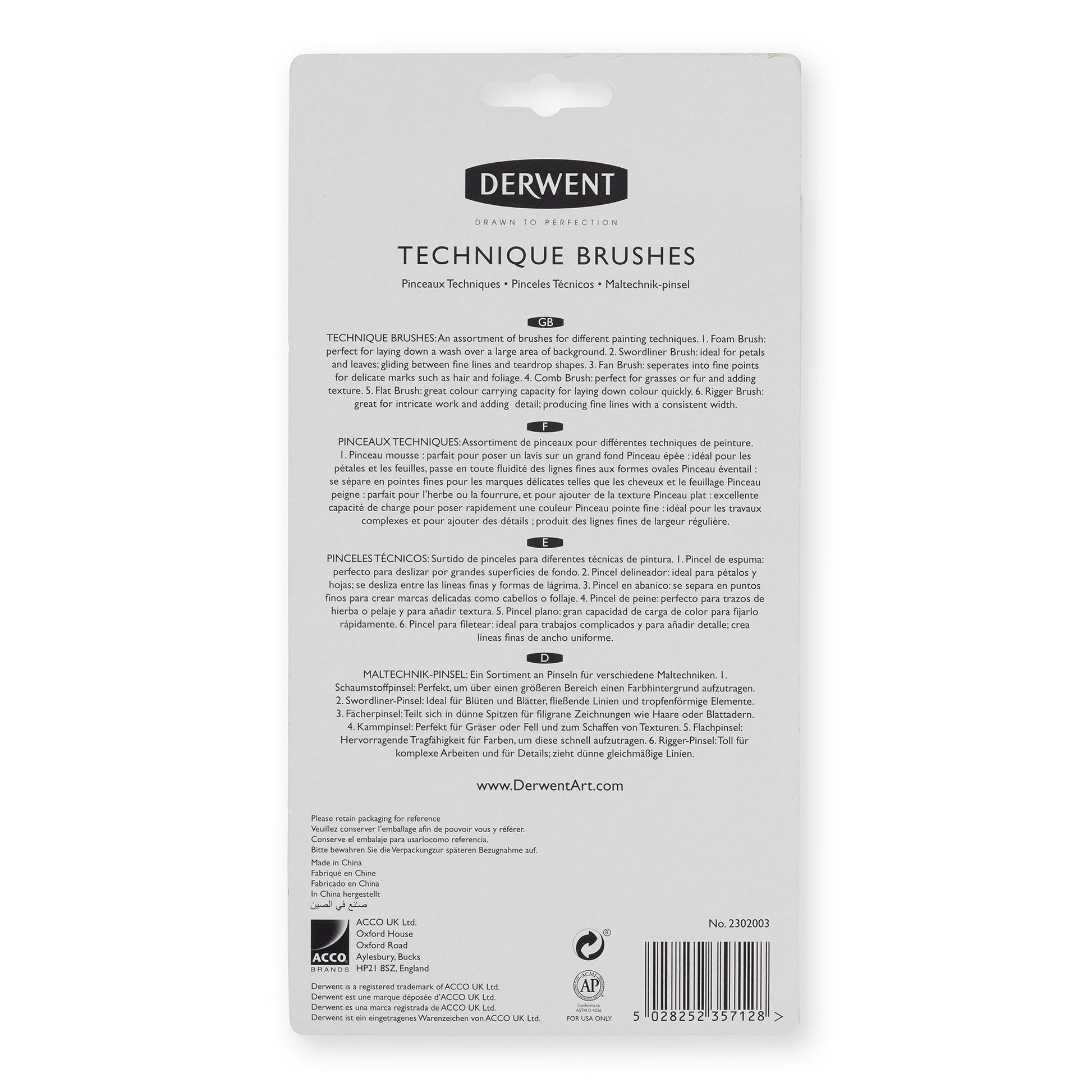 Derwent Techniques Brushes Back of Packaging