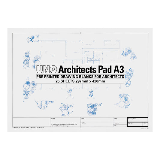 UNO Architects Pad A3 with pre-printed drawing blanks on a white background
