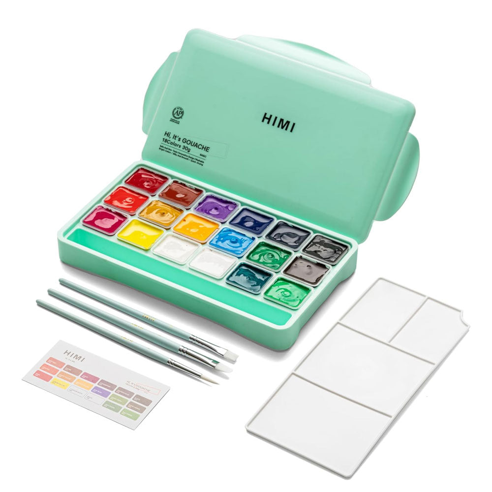 HIMI : Jelly Cup Gouache : Set of 18 : 30ml : 3 Brushes Included : Plastic Case : Green