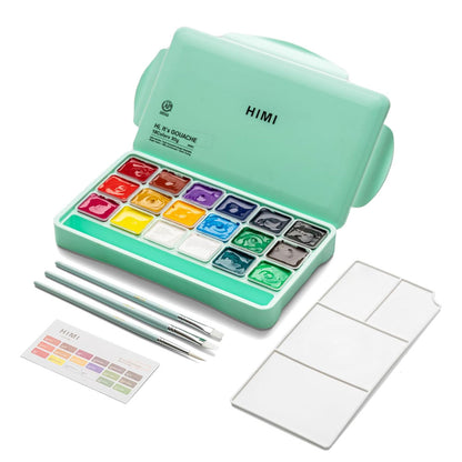 HIMI : Jelly Cup Gouache : Set of 18 : 30ml : 3 Brushes Included : Plastic Case : Green
