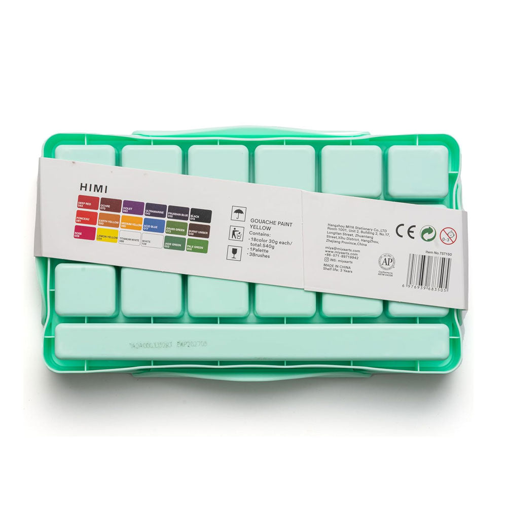 HIMI : Jelly Cup Gouache : Set of 18 : 30ml : 3 Brushes Included : Plastic Case : Green
