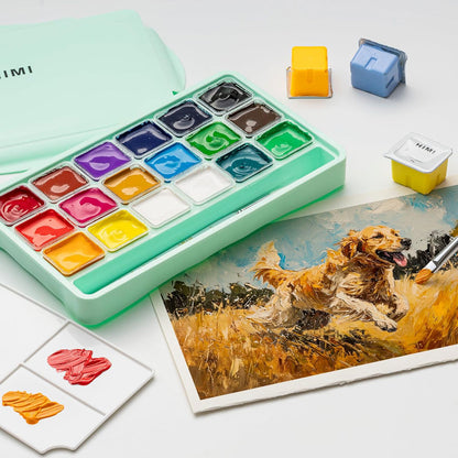 HIMI : Jelly Cup Gouache : Set of 18 : 30ml : 3 Brushes Included : Plastic Case : Green