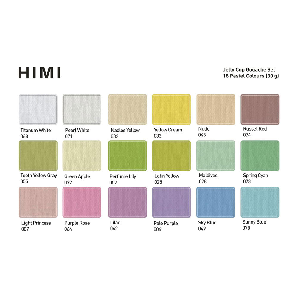 HIMI : Jelly Cup Gouache : Set of 18 : 30ml : 3 Brushes Included : Plastic Case : Pastel Purple