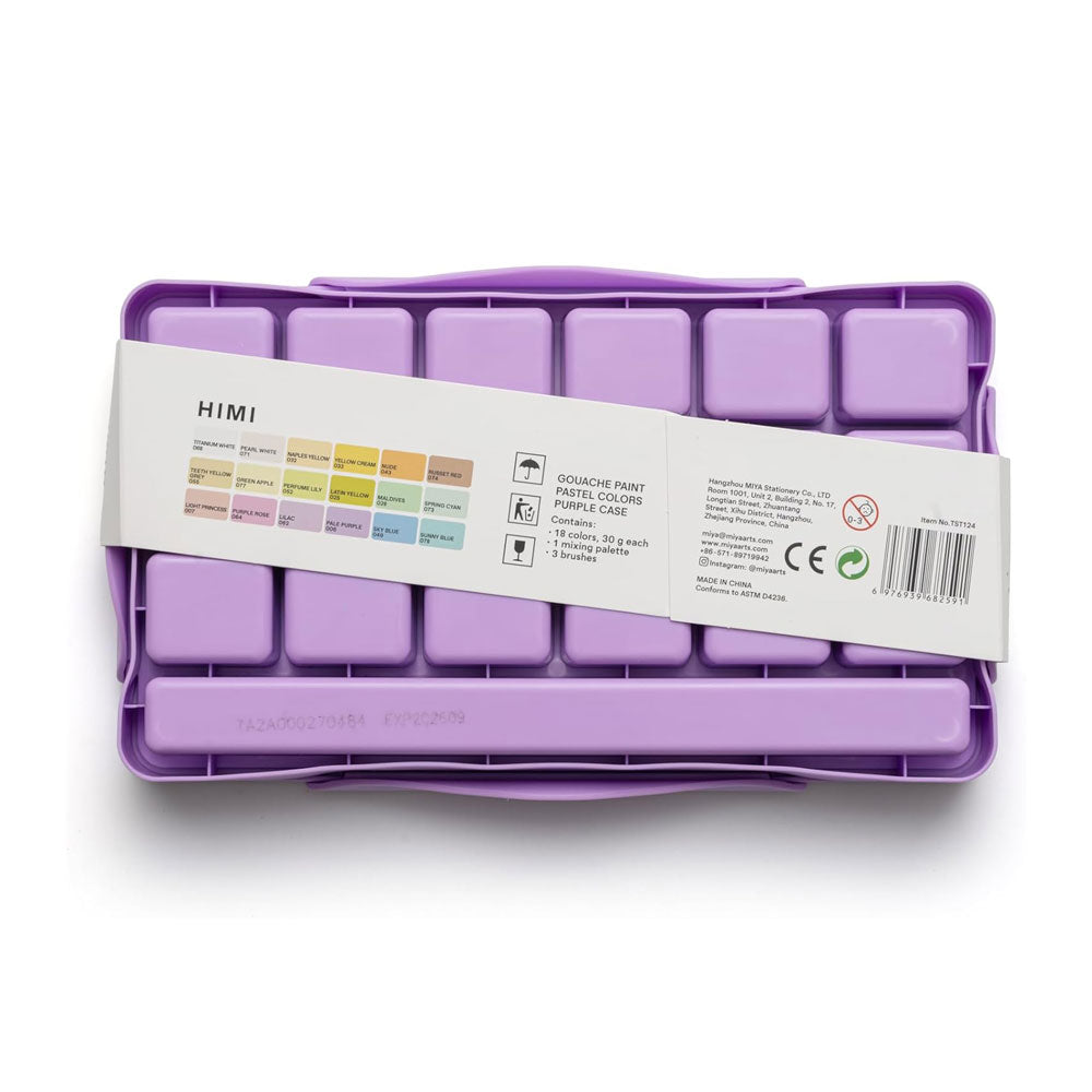 HIMI : Jelly Cup Gouache : Set of 18 : 30ml : 3 Brushes Included : Plastic Case : Pastel Purple