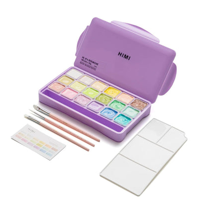 HIMI : Jelly Cup Gouache : Set of 18 : 30ml : 3 Brushes Included : Plastic Case : Pastel Purple