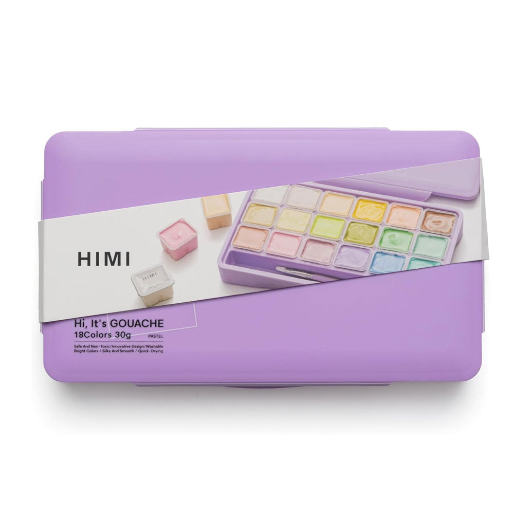 HIMI : Jelly Cup Gouache : Set of 18 : 30ml : 3 Brushes Included : Plastic Case : Pastel Purple