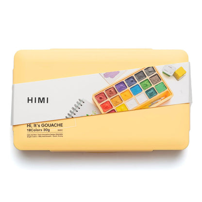 HIMI : Jelly Cup Gouache : Set of 18 : 30ml : 3 Brushes Included : Plastic Case : Yellow