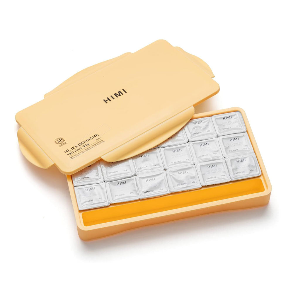 HIMI : Jelly Cup Gouache : Set of 18 : 30ml : 3 Brushes Included : Plastic Case : Yellow