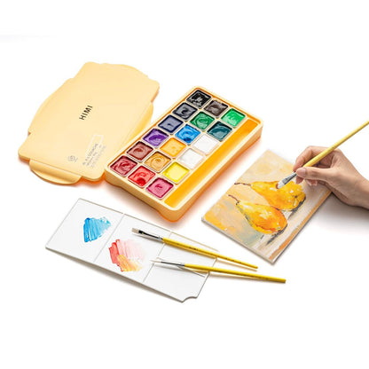 HIMI : Jelly Cup Gouache : Set of 18 : 30ml : 3 Brushes Included : Plastic Case : Yellow