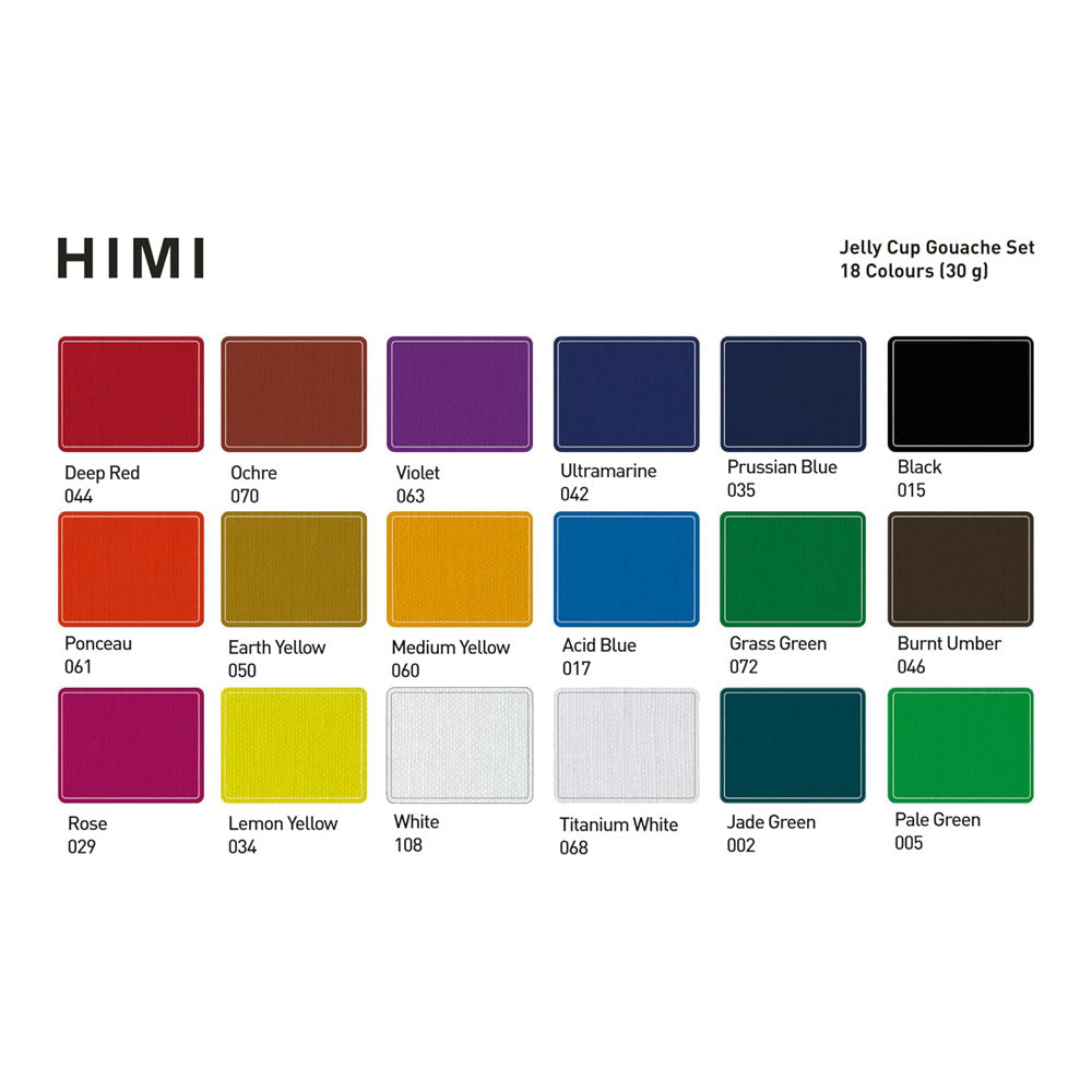 HIMI : Jelly Cup Gouache : Set of 18 : 30ml : 3 Brushes Included : Plastic Case : Yellow