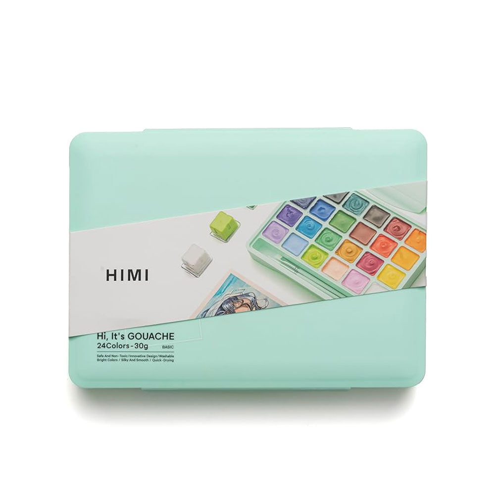 HIMI : Jelly Cup Gouache : Set of 24 : 30ml : 3 Brushes Included : Plastic Case : Green