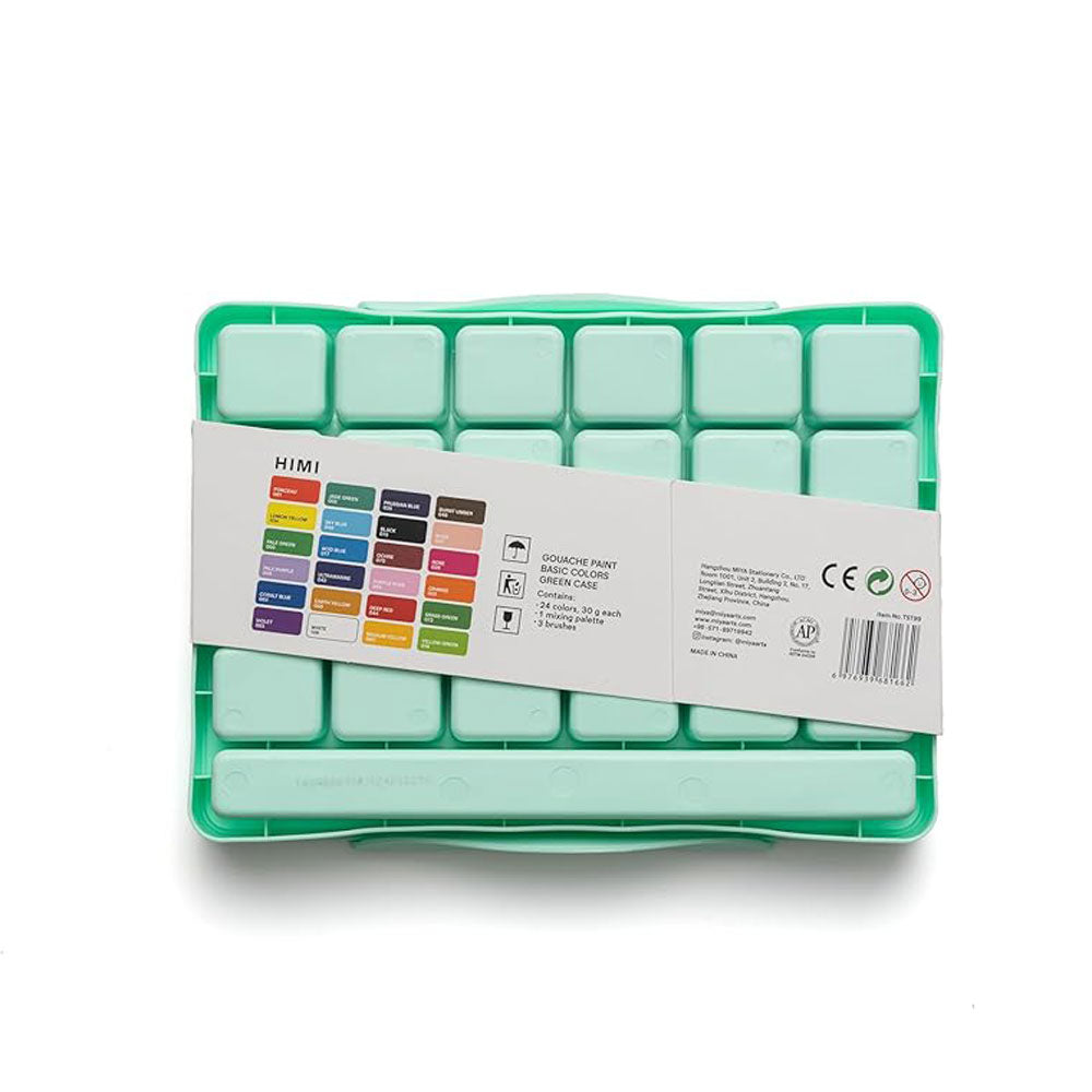 HIMI : Jelly Cup Gouache : Set of 24 : 30ml : 3 Brushes Included : Plastic Case : Green