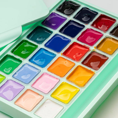 HIMI : Jelly Cup Gouache : Set of 24 : 30ml : 3 Brushes Included : Plastic Case : Green