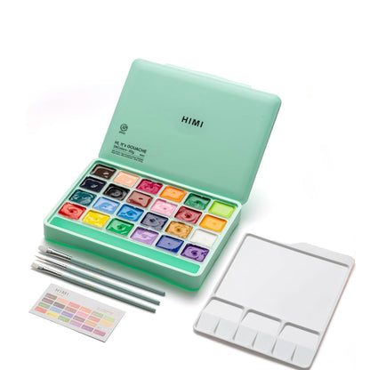 HIMI : Jelly Cup Gouache : Set of 24 : 30ml : 3 Brushes Included : Plastic Case : Green