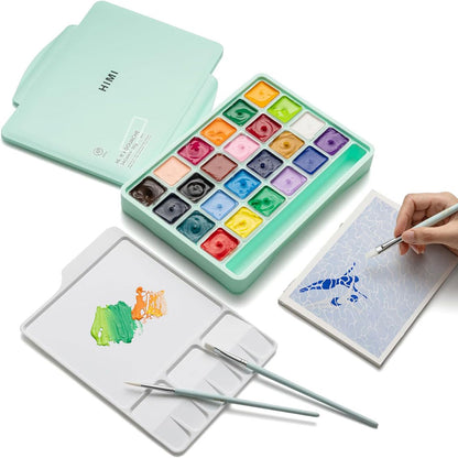 HIMI : Jelly Cup Gouache : Set of 24 : 30ml : 3 Brushes Included : Plastic Case : Green