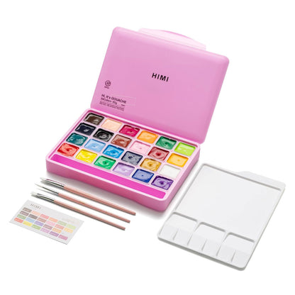 HIMI : Jelly Cup Gouache : Set of 24 : 30ml : 3 Brushes Included : Plastic Case : Pink