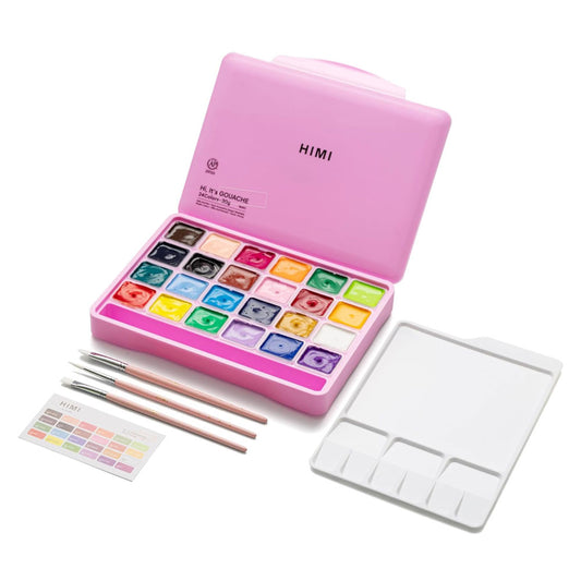 HIMI : Jelly Cup Gouache : Set of 24 : 30ml : 3 Brushes Included : Plastic Case : Pink