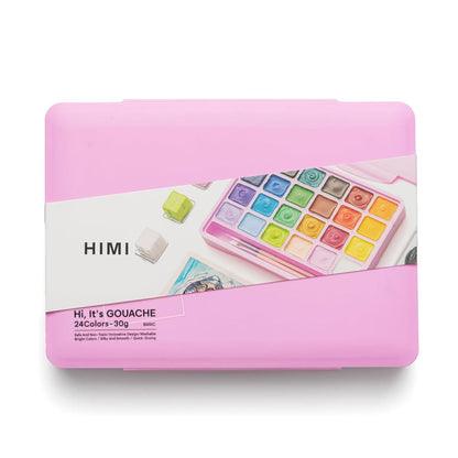 HIMI : Jelly Cup Gouache : Set of 24 : 30ml : 3 Brushes Included : Plastic Case : Pink
