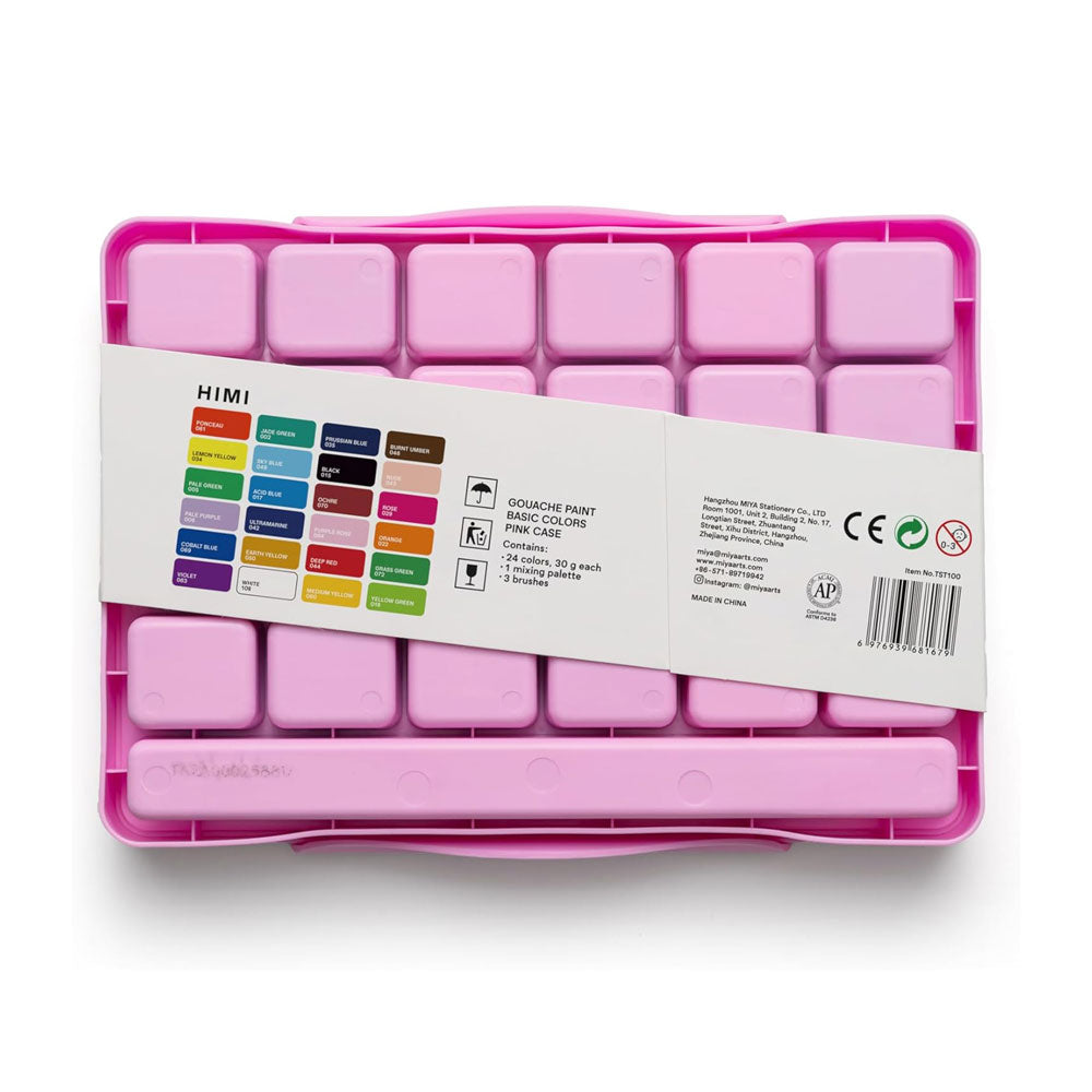 HIMI : Jelly Cup Gouache : Set of 24 : 30ml : 3 Brushes Included : Plastic Case : Pink