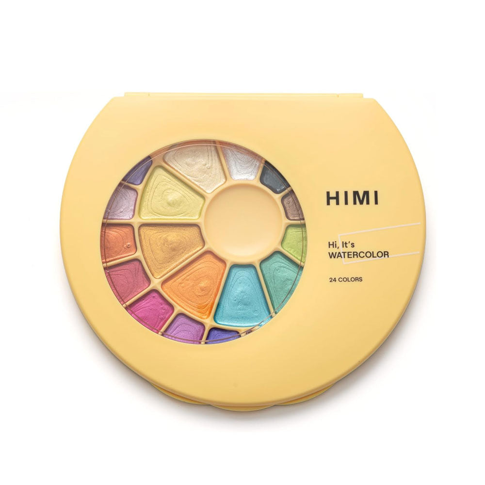 HIMI : Semi-Moist Watercolour : Set of 24 Pans : Metallic : 1 Brush Included : Plastic Round Case : Yellow