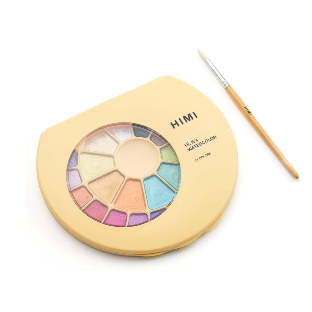 HIMI : Semi-Moist Watercolour : Set of 24 Pans : Metallic : 1 Brush Included : Plastic Round Case : Yellow