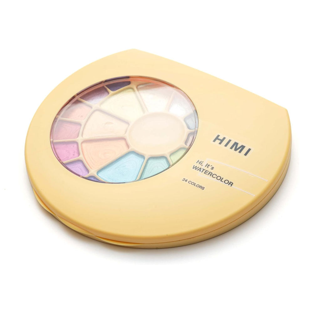 HIMI : Semi-Moist Watercolour : Set of 24 Pans : Metallic : 1 Brush Included : Plastic Round Case : Yellow